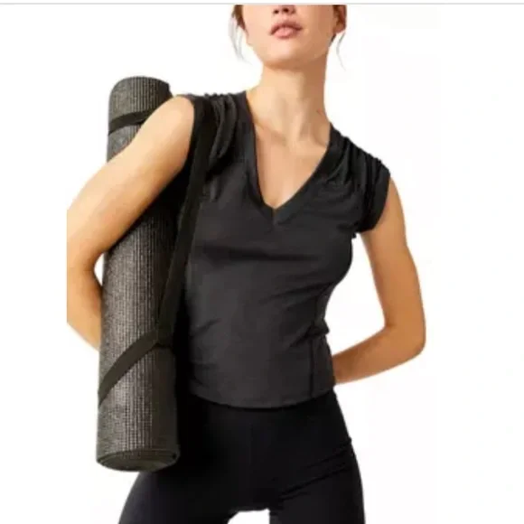 Free People Movement True North Ruched Shoulder V-Neck Tee NWT White Black XS, M - Picture 8 of 16